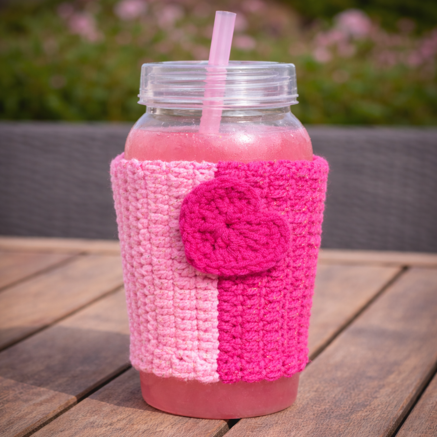 Handmade Crochet Coffee Cup Koozie | Reusable Pink Heart Cup Sleeve