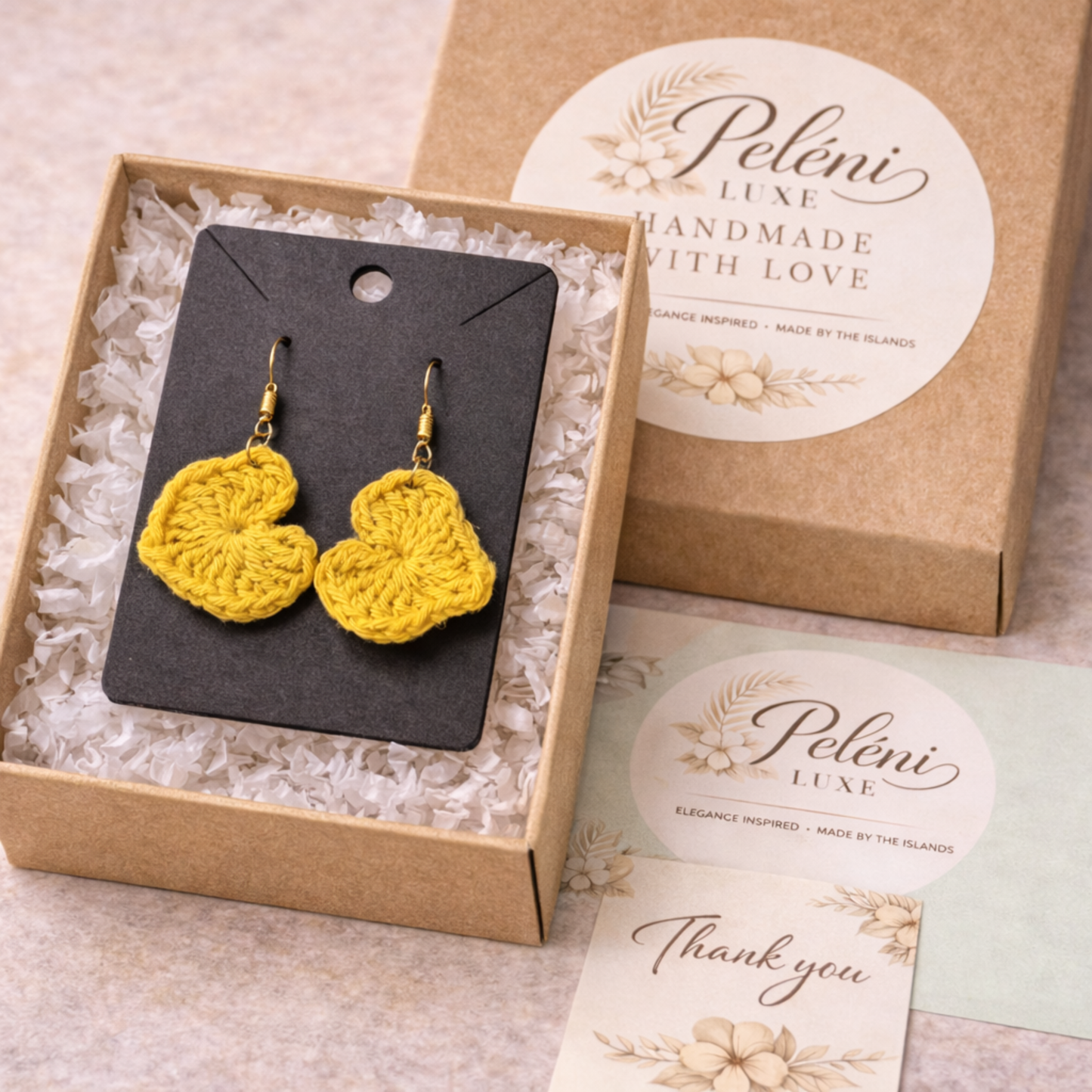 Yellow Crochet Heart Earrings – Handmade Heart Dangle Earrings