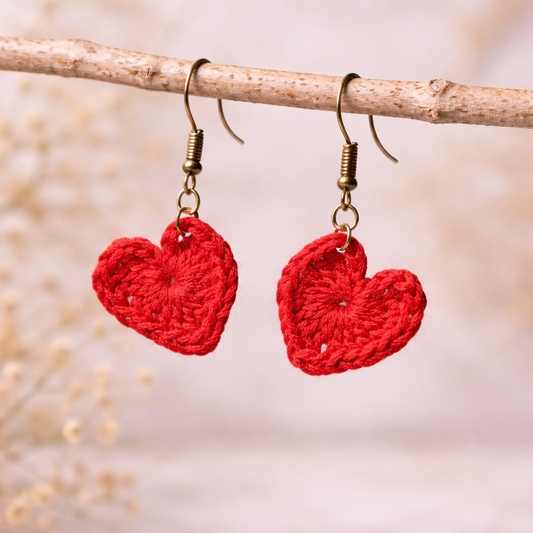 Red Crochet Heart Earrings – Handmade Heart Dangle Earrings