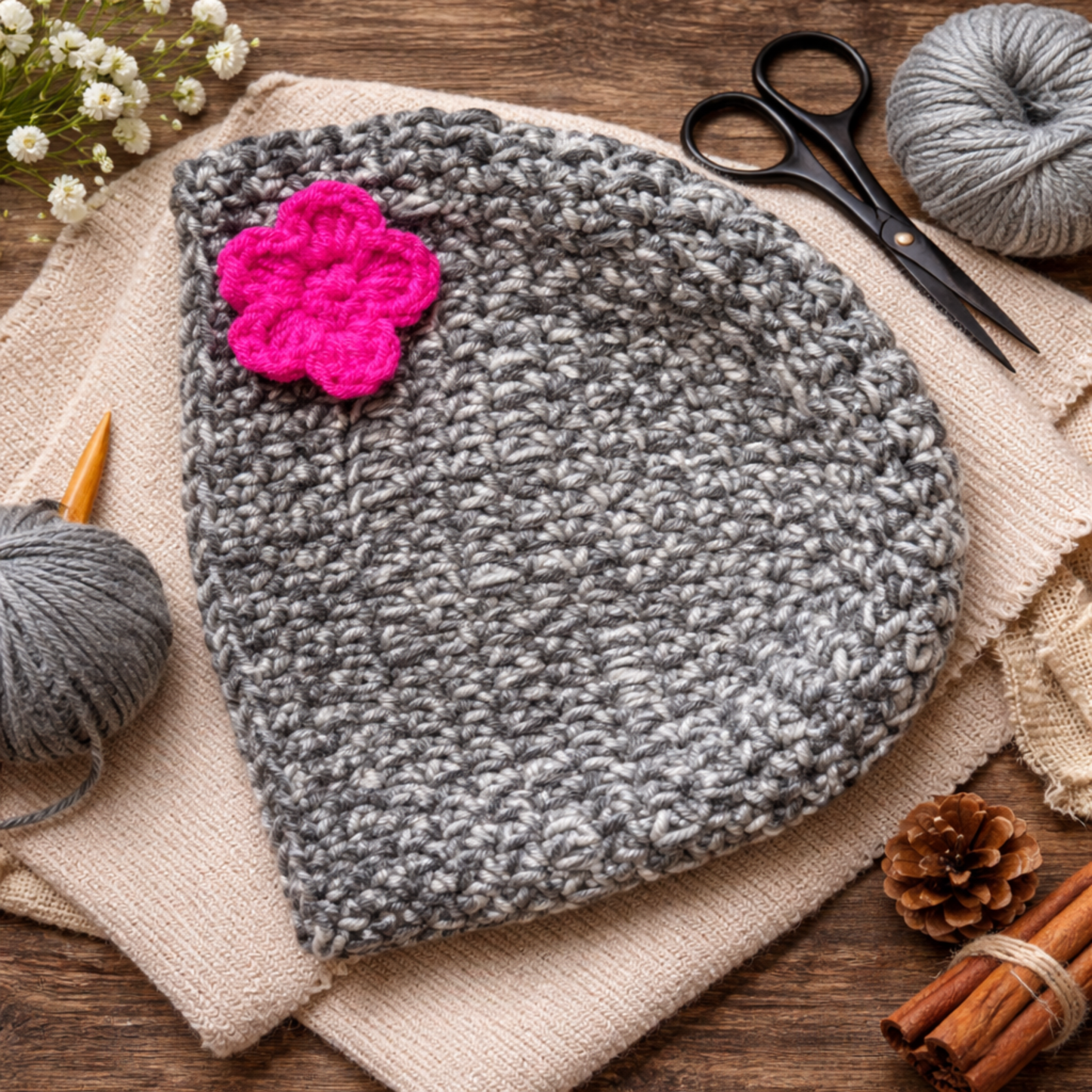 Peneli Luxe Handmade Gray Crochet Baby Beanie with Pink Flower – Soft & Cozy Hat