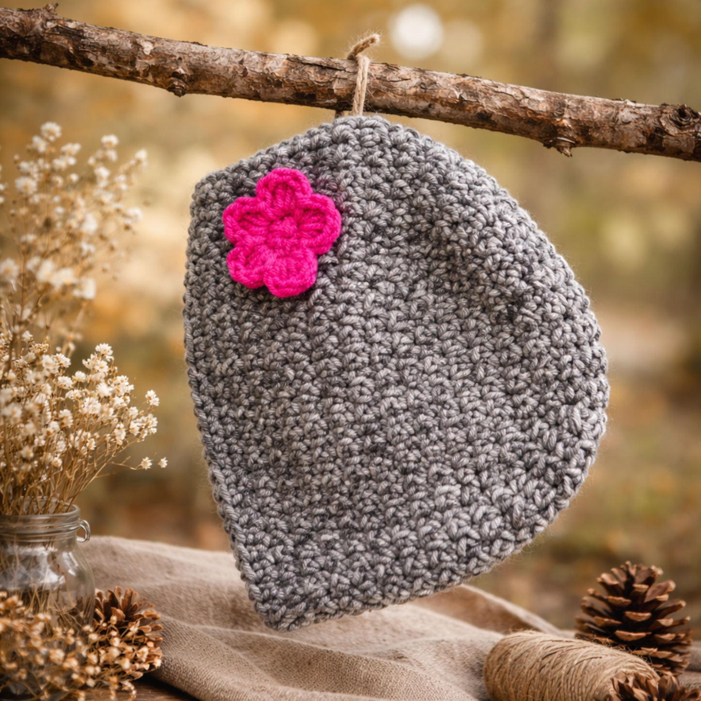Peneli Luxe Handmade Gray Crochet Baby Beanie with Pink Flower – Soft & Cozy Hat