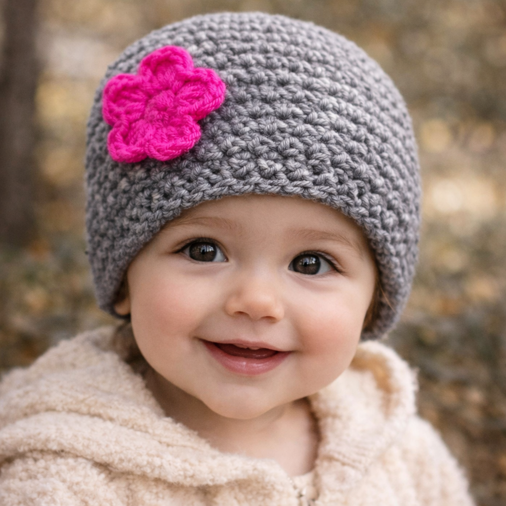 Peneli Luxe Handmade Gray Crochet Baby Beanie with Pink Flower – Soft & Cozy Hat