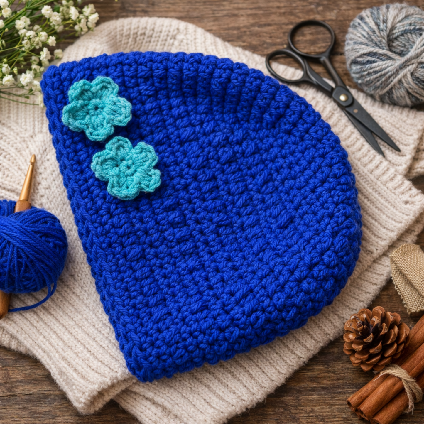 Handmade Crochet Kids Beanie with Floral Detail | Peneli Luxe