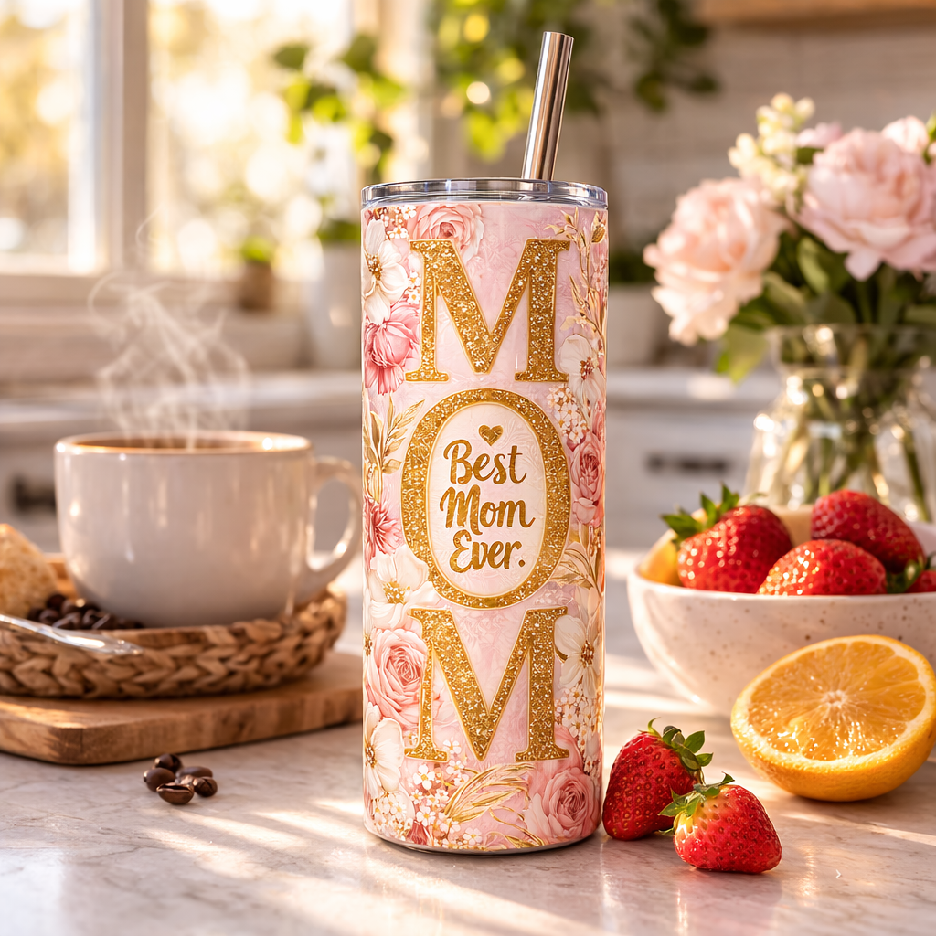 best mom ever pink floral 20oz Stainless Steel Tumbler Mother's Day Gift Travel Mug for mom