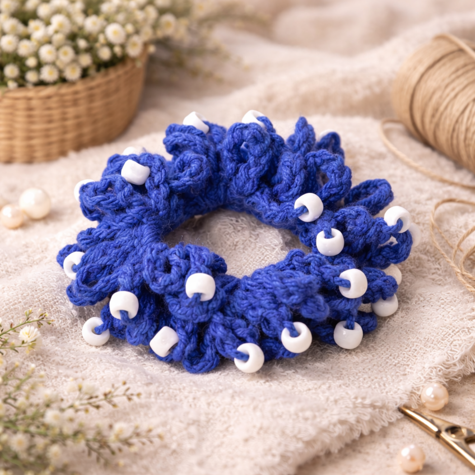 Blue crocheted scrunchie with white beads on a textured surface with flowers and thread in the background