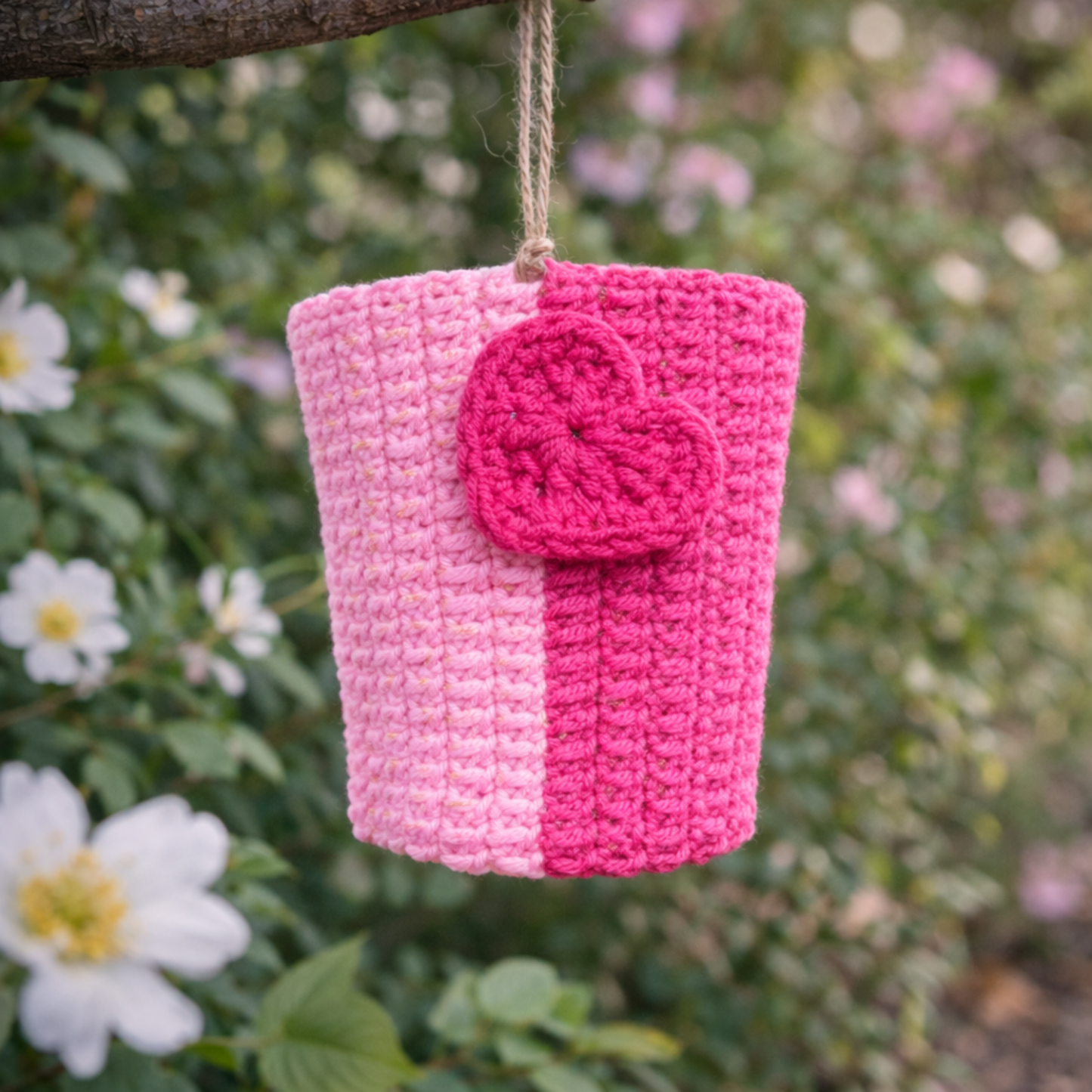 Handmade Crochet Coffee Cup Koozie | Reusable Pink Heart Cup Sleeve