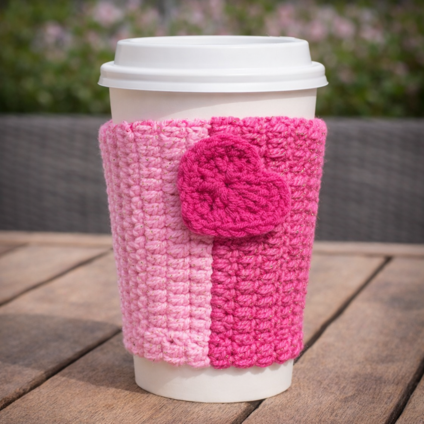 Handmade Crochet Coffee Cup Koozie | Reusable Pink Heart Cup Sleeve