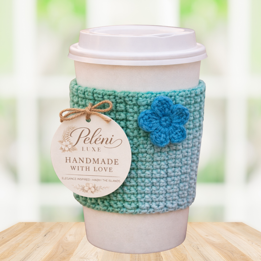Handmade Crochet Cup Koozie with Floral Detail | Reusable Coffee Sleeve – Peneli Luxe