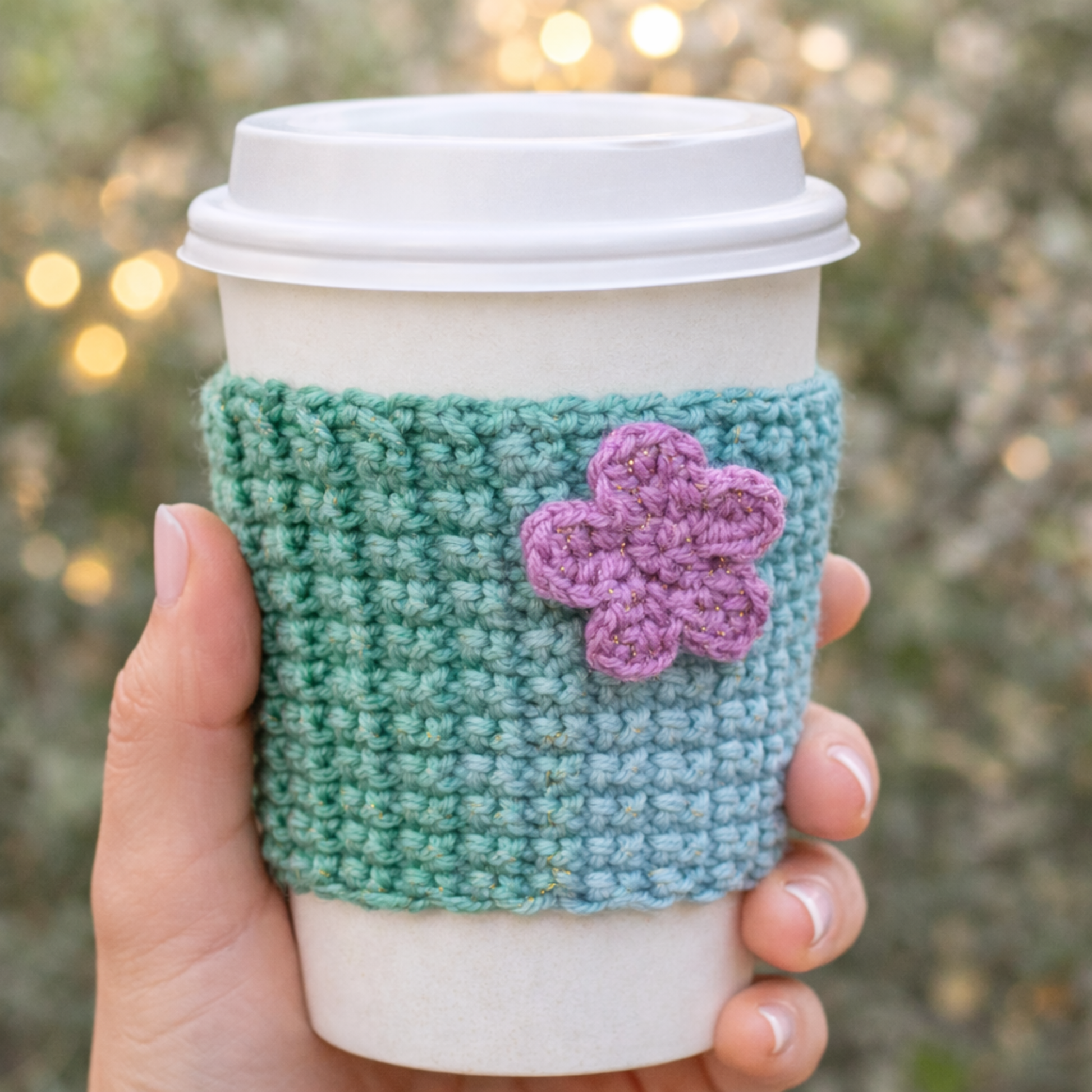 Hand holding a coffee cup with a green knitted sleeve and pink flower design, against a blurred natural background.