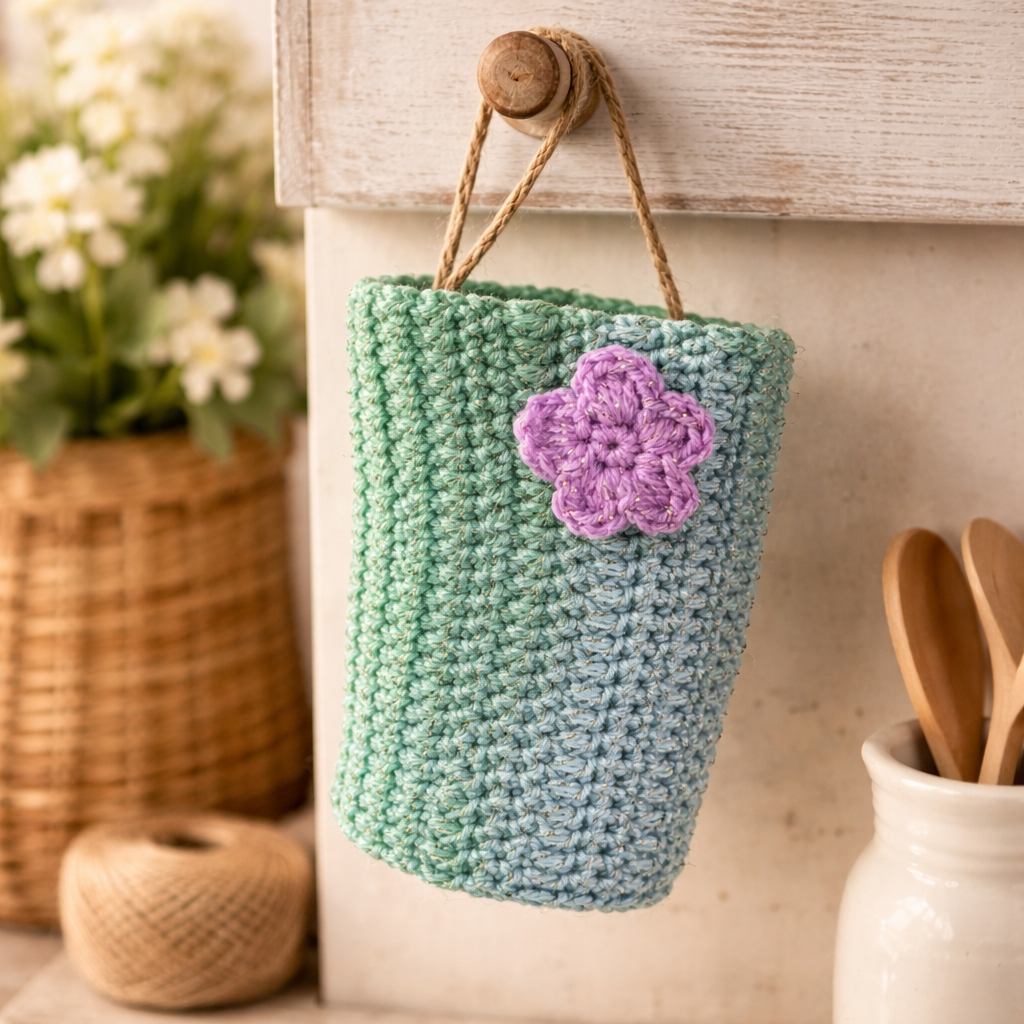 Peneli Luxe Crocheted green pouch with a purple flower hanging on a wooden surface.