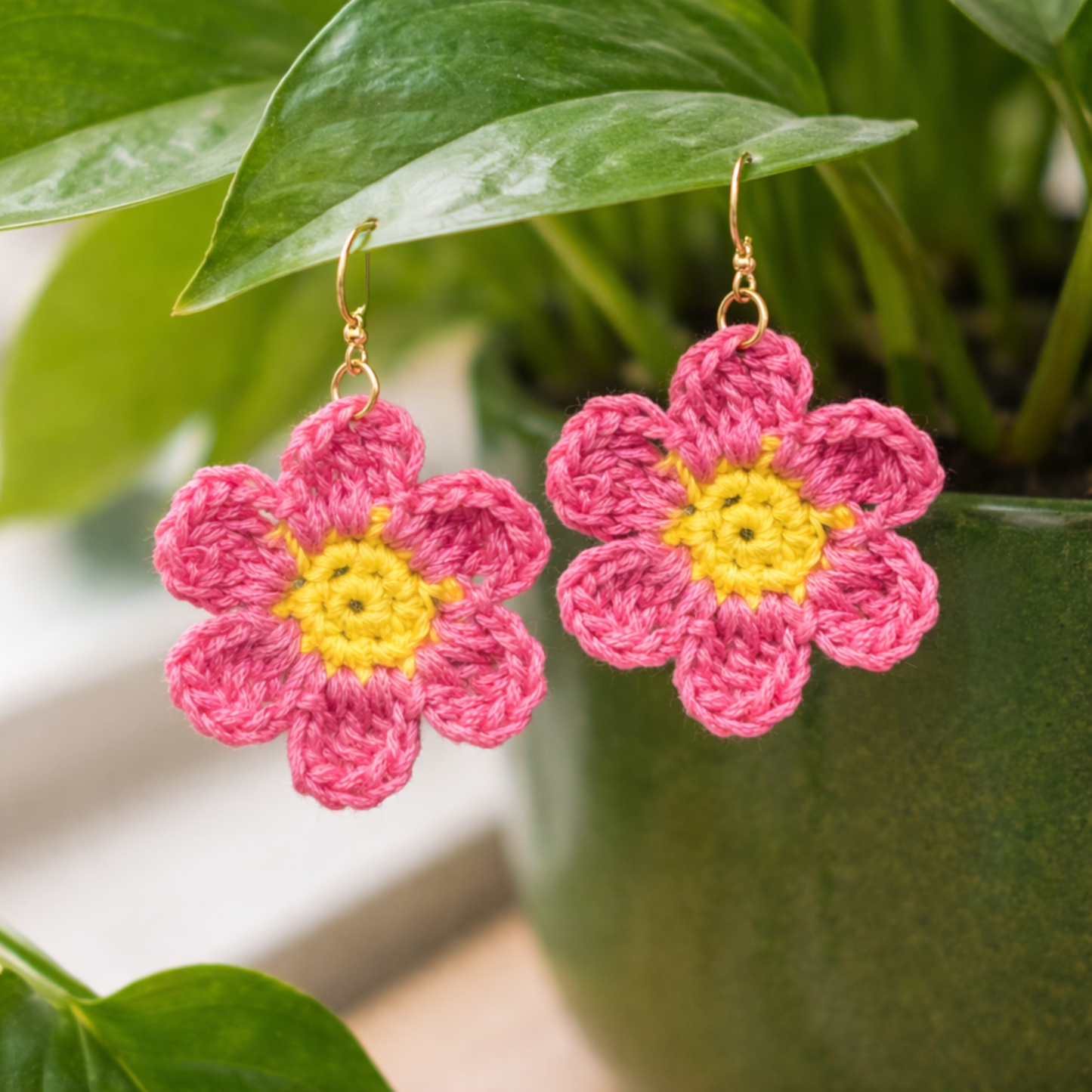 Crochet Flower Earrings – Handmade Pink Daisy Earrings