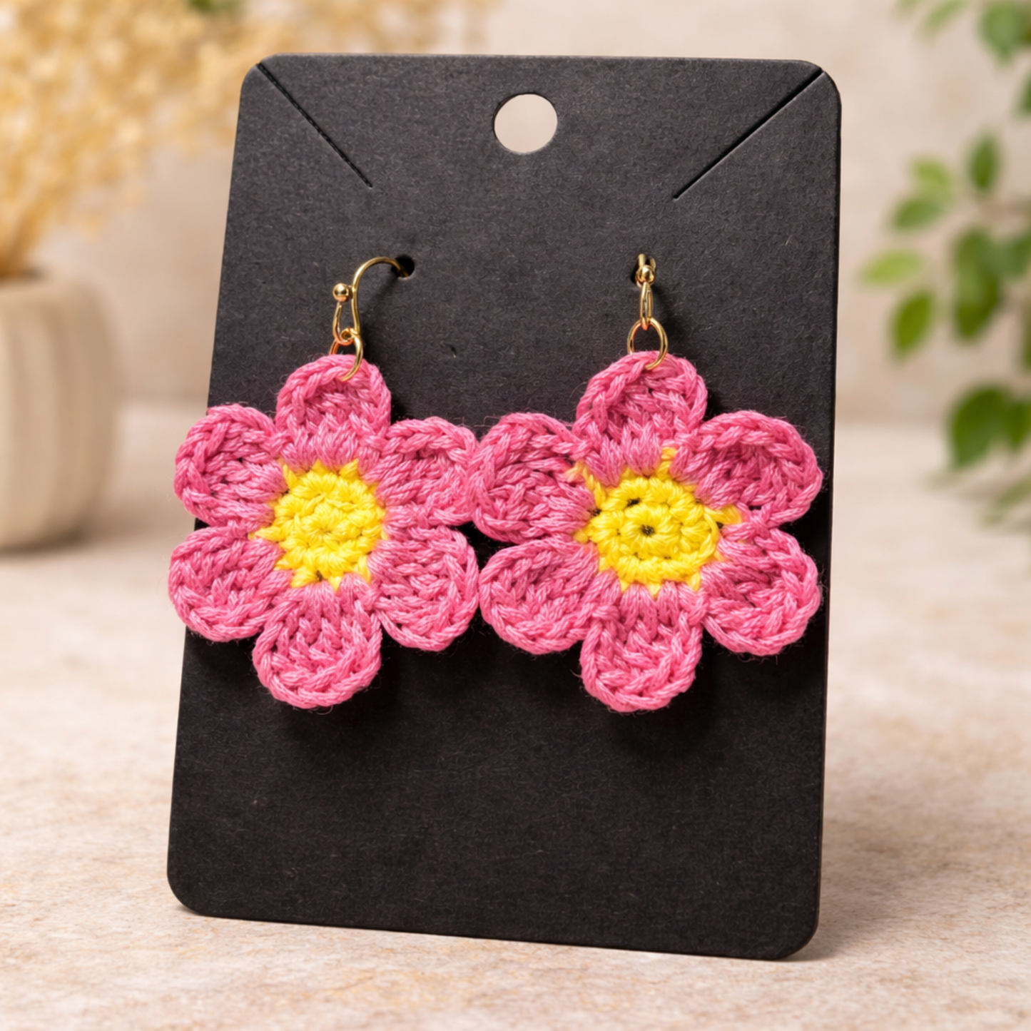 Crochet Flower Earrings – Handmade Pink Daisy Earrings