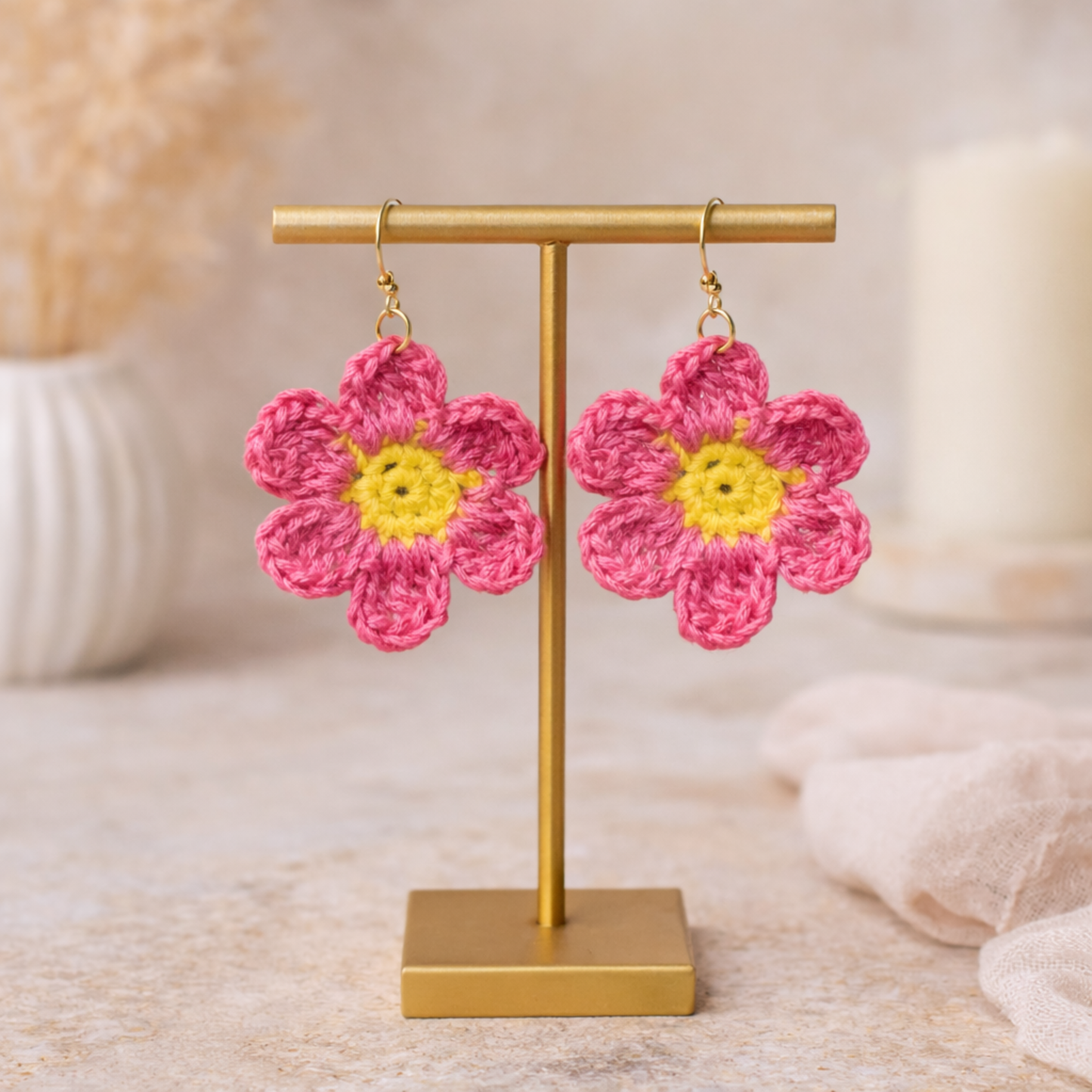 Crochet Flower Earrings – Handmade Pink Daisy Earrings