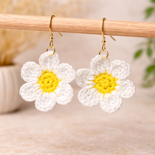 White Crochet Daisy Earrings – Handmade Floral Earrings