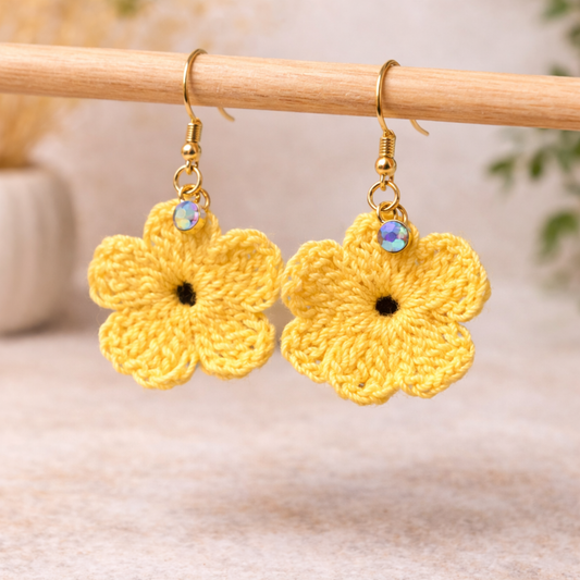 Yellow Crochet Flower Earrings with Crystal Charm – Handmade Floral Earrings