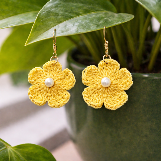 Yellow Crochet Flower Earrings with Pearl Center | Handmade Floral Earrings | Lightweight Statement Jewelry