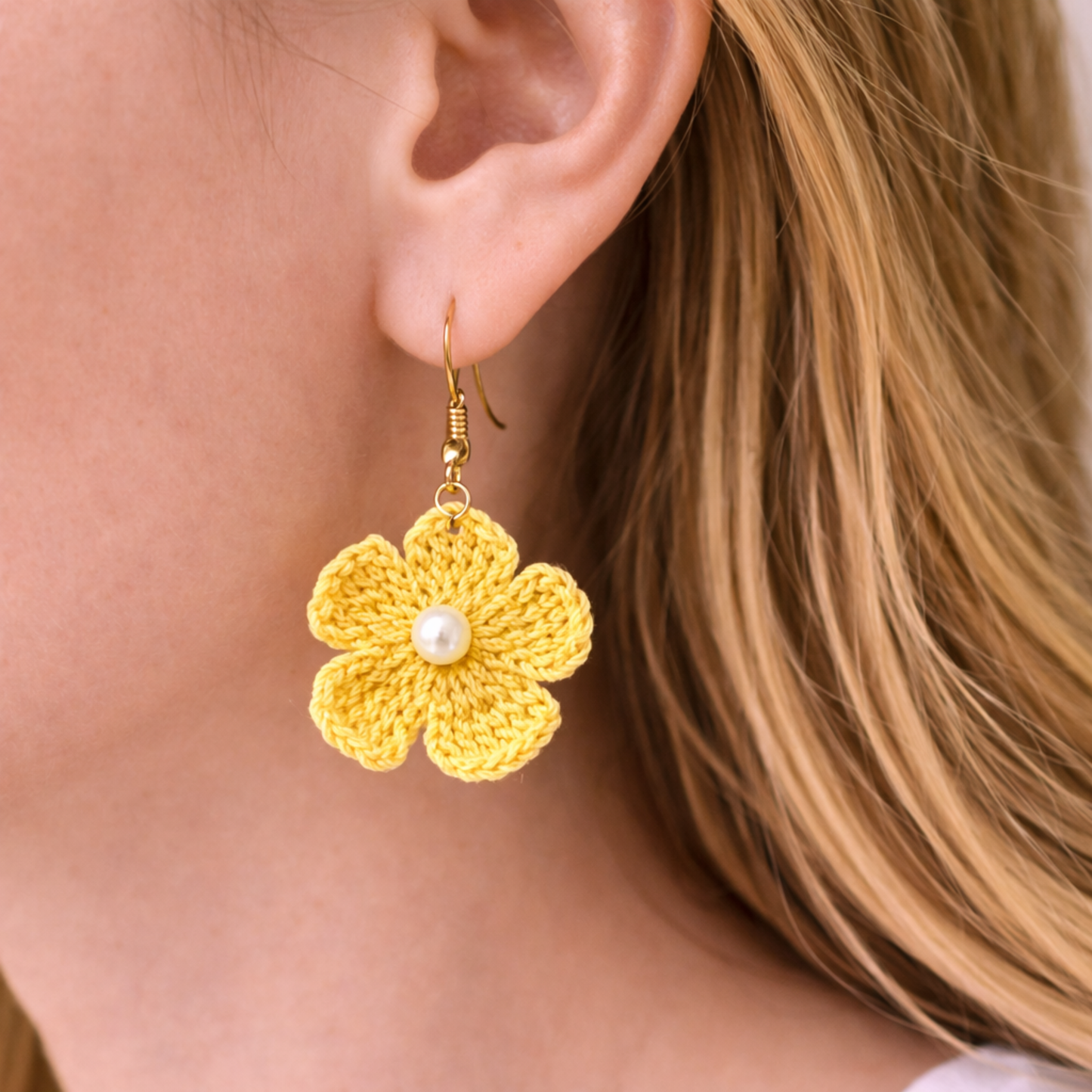 Yellow Crochet Flower Earrings with Pearl Center | Handmade Floral Earrings | Lightweight Statement Jewelry