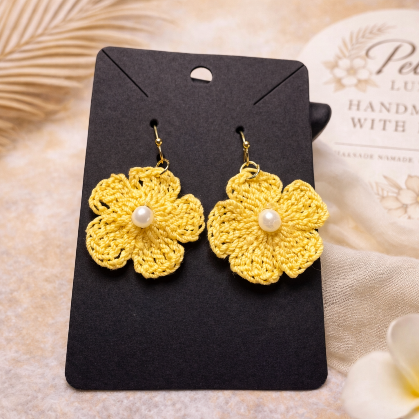 Yellow Crochet Flower Earrings with Pearl Center | Handmade Floral Earrings | Lightweight Statement Jewelry