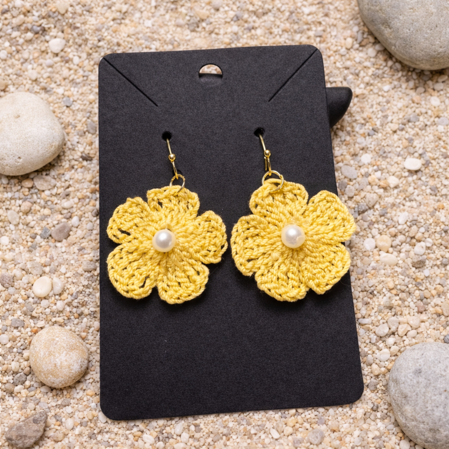 Yellow Crochet Flower Earrings with Pearl Center | Handmade Floral Earrings | Lightweight Statement Jewelry