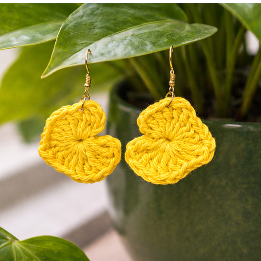 Yellow Crochet Heart Earrings – Handmade Heart Dangle Earrings