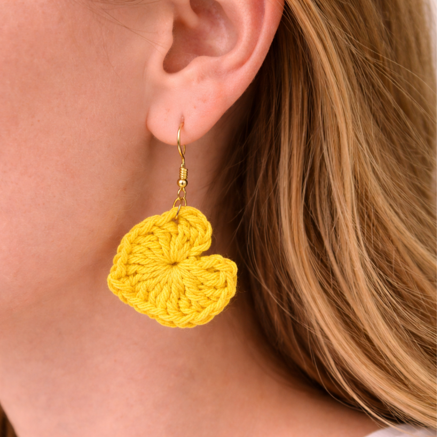 Yellow Crochet Heart Earrings – Handmade Heart Dangle Earrings